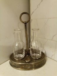 Antique Italian Marked ? Metal And Glass Oil And Vinegar  Holder