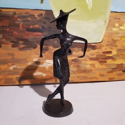 Black Metal Statue Of A Dancing Woman In Big Hat - Incredible Details!