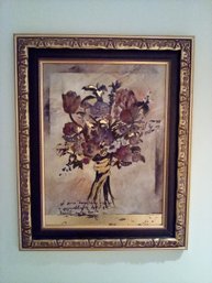 Framed Colorful Print With Crackle Like Texture - Image Has A Bouquet Collage Style Appearance & Artist Name