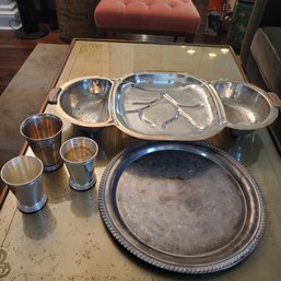 Silverplate & Metal Lot - Large Three- Section Antique Banquet Server, Round Tray & 3 Vases / Mint Juleps