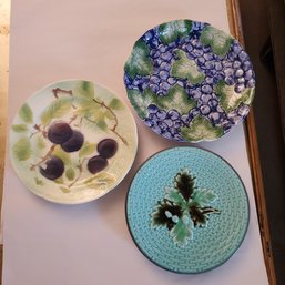 Three Lovely Plates- Fritz & Floyd Grapes, St. Cleimeut, France Plums & Majolica Turquoise Leaves