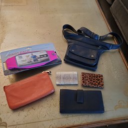 Six Ladies Leather Accessories- 2 Waist Purse / Packs, Check Book Cover, Credit Card Holders & A Clutch