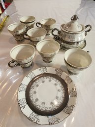 Sterling Japan Marked Petite Teacups, Saucers And Sugar Pot