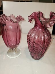 10 And 11 In Cranberry Glass Vases