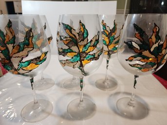 6 Oversize Hand Painted Wine Glasses - Leaf