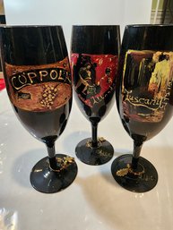 3 Hand Painted Wine Glasses Signed Addie