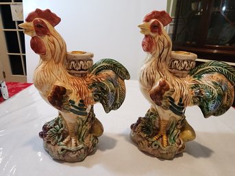 2 Ceramic Rooster Candleholders 10 In