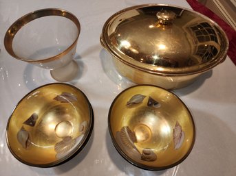 9x12 Oval Gold Casserole, 4 Gold Bowls With Seashells And A Gold Rim Glass Bowl