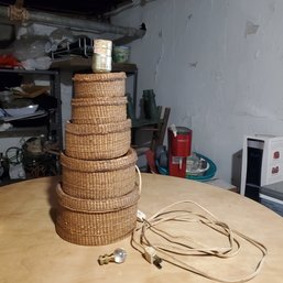 Vintage Hand Crafted Round Wicker Box Table Lamp With A Glass Finial