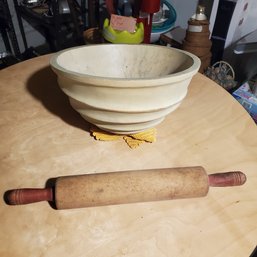 Vintage Mango Wood Mixing / Fruit Bowl Woth Prominant Swirl Design & Vintage Wood Rolling Pin