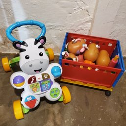 Child's Toy Lot - 7 Mr. / Mrs. Potato Heads & Parts? Playtime Balls, Box On Wheels & Mattel Cow Fun Activity