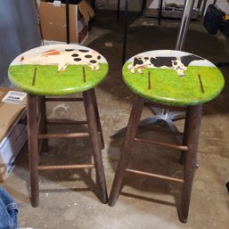 Two Wooden Stools With Hand Painted Cow & Pig!