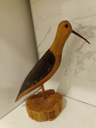 2000 Ken Budny Folk Art Hand Carved Wooden Bird With Metal Beek And Marble Eye