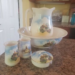Vintage Painted Crofts Ceramics -England A M & S  Pitcher & Basin Bowl With Two Cups & Trinket Bowl With Lid