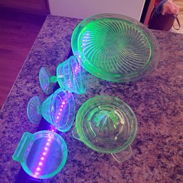 Antique Green Depression Glass With The Uranium Glow 5 Pieces