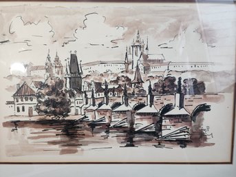 Signed 1977 Prague Bridge And Castle Painting - Framed Original