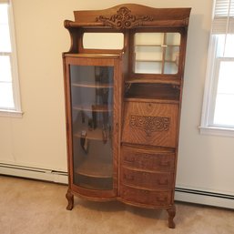 Fancy Victorian Antique Oak Side By Side Desk Book Shelf - Upper Gallery Mirrors, Cubbies & Carvings!