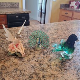 Three Cute Little Lovelies- Fairie Glen Sundance, A Metal Peacock Pill Box & A Blown Green Glass Hummingbird