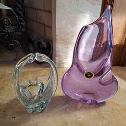 Two Colorful Blown Glass Items - A Violet Czech Crystal Flower Vase (2 Stem Wholes) & A Green & White Basket