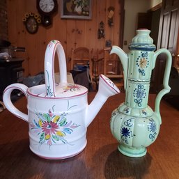 Hand Painted Ceramic Watering Can Made In Portugal And  Decorative Ewer