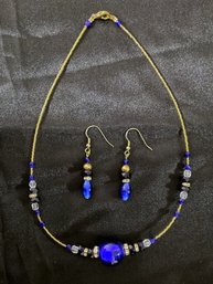 Blue Beaded Necklace With Matching 10k Gold Earrings