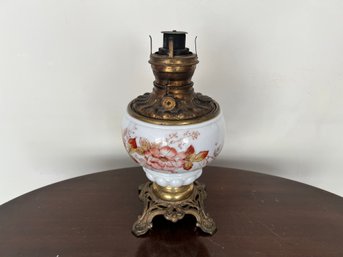 Rare Antique American Oil Lamp Porcelain Hand Painted Flowers On Metal Base & Chimney