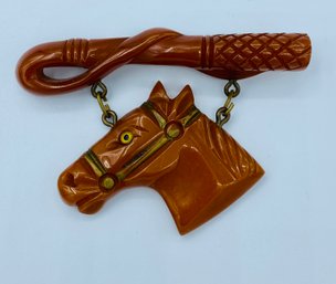 Vintage Carved Bakelite Horse Head & Riding Crop 2-Part Brooch Pin