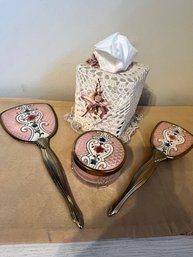 Dresser Set, Mirror, Brush, Powder, Tissue Box