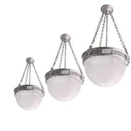 A Trio Of Polished Nickel And Holophane Glass Pendants - Likely Hudson Valley Lighting