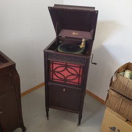 Antique Edison Floor Model Cabinet Phonograph Model C 150 With 1 Record & Record Storage Cabinet