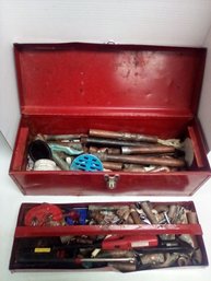 Vintage Red Metal Toolbox With Contents - Copper Pipe Fittings Plus Pipe Cutters & Misc. JohB/C5