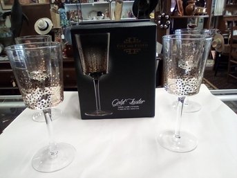 Four Fitz And Floyd Mouth Blown Gold Luster Wine Goblets,with Their Original Box 212/D2