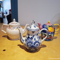 Three Adorable Vintage Porcelain Teapots -1 Delft Of Holland!