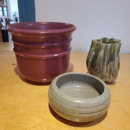 Trio Of Attractive Pottery & Stoneware Planters - One From Zanesville Stoneware!