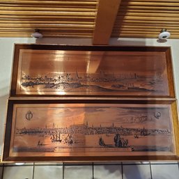 Two Capital Cities In Copper Plate Wood Framed Artwork. Amsterdam & Brussels