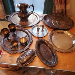 Large Lot Of Heavy Silverplate & Pewter. 6 Serving Trays, Cups & Butter Dish - 14 Lbs / 13 Oz