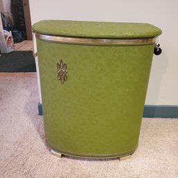 Vintage, Mid Century, Green Clothes Top Lift Lid Hamper. Half Vinyl / Half Wicker