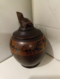 Antique Hand Carved And Painted South American Lidded Wood Jar