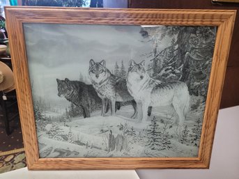 Great Black & White Glass / Mirro Art Of Wolves In The Winter With Wood Frame         KD WA B