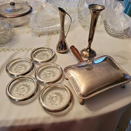 Useful & Attractive Vintage Silverplate Items : 5 Leonard Coasters, Italian Crumb Catcher & Two Bud Vases