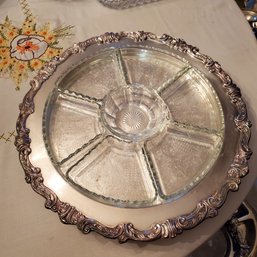 Vintage Large & Elegant Buffet Table Silver Platter With 7 Glass Dish Inserts- Hors D' Oeuvres, Veggies & Dip
