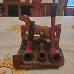 Vintage Wooden Tobacco Pipe Stand, Yello Bole Honey Cured Briar, Extra Long, Select Art With A Dog Stand.