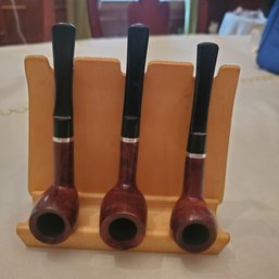 Vintage Wood Pipe Rest Stand With 3 Austin Imported Briar Wood Pipes