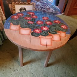 Hand Painted Plant / Flower / Lamp-  Wood Table Artist- Signed 1992