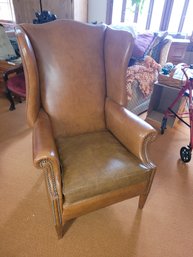 Vintage Leather Wingback Armchair With Brass Furniture Tacks