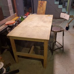 Workshop Wood Work Table & Vintage Metal Stool