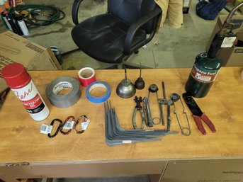 Nice Assortment Of Handy Items- Oil Cans, Duct Tape, Shelf Brackets, Propane Torch