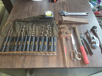 Rugged Assortment Of Vintage Handtools, Drill Bits,pipe Wrench , Cats Paw, Pipe Cutter
