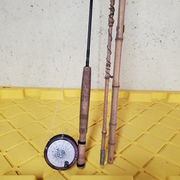 Two Vintage Fly Fishing Rods & One With A Reel. One Bamboo Rod & Other - A Martin Reel, Has A Cork Handle.