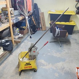 Vintage Wet Floor Mop And Yellow Bucket With Metal Squeezer